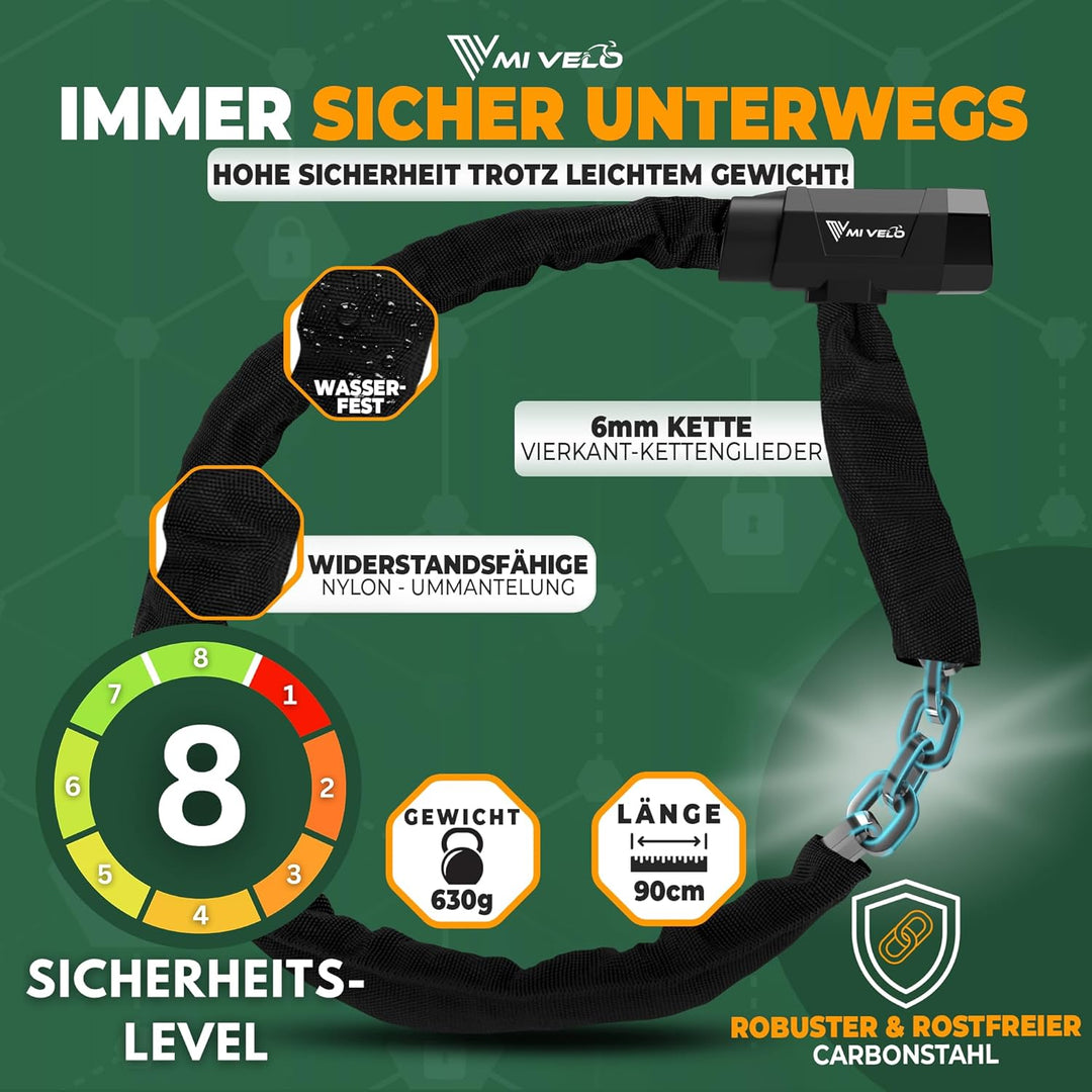 MIVELO Fahrradschloss Kettenschloss hohe Sicherheit - Schloss Fahrrad mit 6mm Vierkant-Kette I Radsc