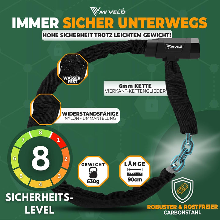 MIVELO Fahrradschloss Kettenschloss hohe Sicherheit - Schloss Fahrrad mit 6mm Vierkant-Kette I Radsc