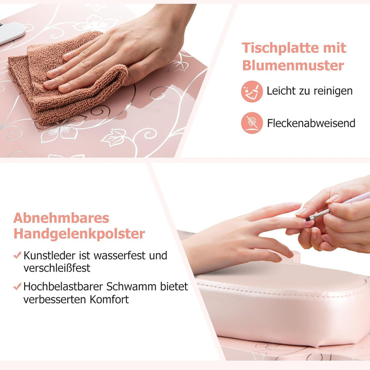 COSTWAY Maniküretisch klappbar, Nageltisch mit elektrischem Staubsammler, LED-Lampe, Handgelenkaufla