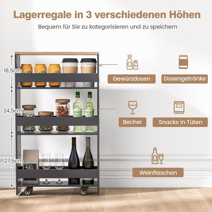FANTASK Küchenwagen schmal auf Rollen, Nischenregal 13cm breit, 4 Etagen Servierwagen, Nischenwagen