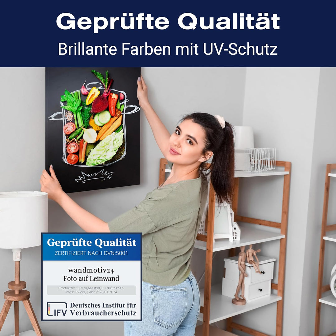 wandmotiv24 Obst & Gemüse als Leinwandbild, 60x45cm, Hochformat, Gemüse, Kochtopf, Salat, Küche, Leb