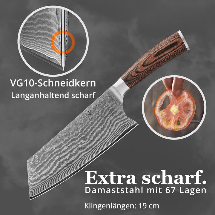 Wakoli EDIB Chinesisches Kochmesser aus echtem Damaststahl (VG10 Kern) mit 19 cm Klinge – Scharf & a