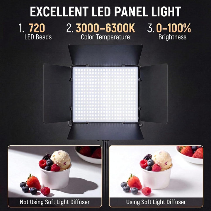 LED Videoleuchte 2er-Set, 110W 720 LEDs 3000-6300K Dimmbar | Flächenleuchte mit 195cm Stativ, Fernbe