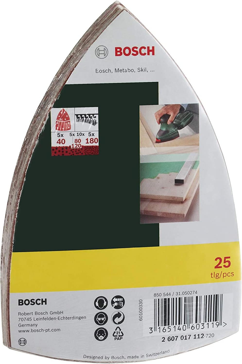 BOSCH Schleifblätter (25 Blatt), gemischte Körnung (G40, G80, G120, G180), passend für: PSM 80A, 100