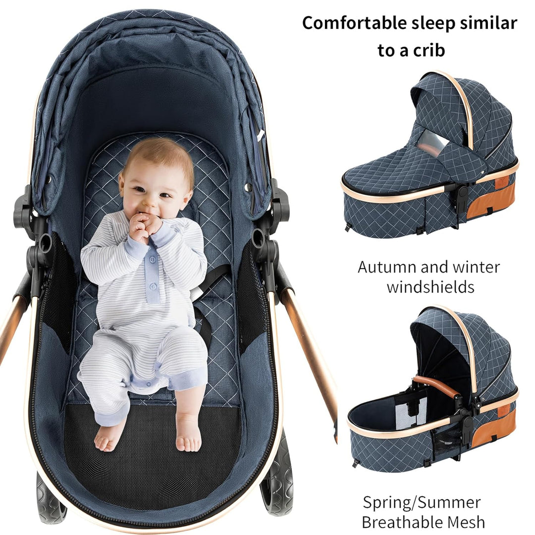 Prokoke Kinderwagen 3 in 1, Buggy mit Umkehrbarem Zwei-Wege-Schub, Kinderwagen Rahmen Aluminiumlegie