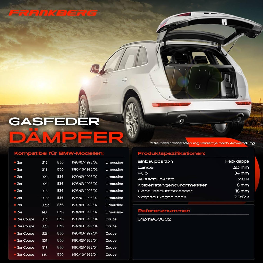 Frankberg 2x Gasfeder Dämpfer Heckklappe Kompatibel mit 3er E36 316 318 320 323 325 328 M3 Limousine
