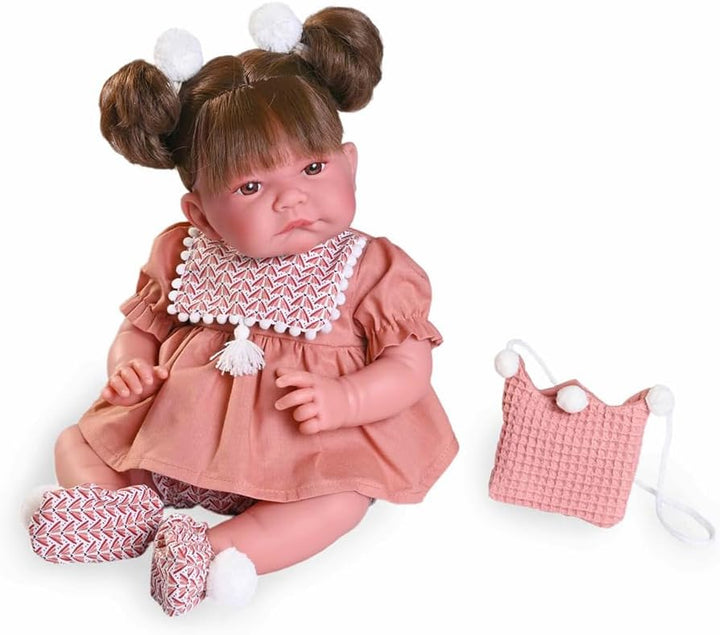 Muñecas Antonio Juan - Neugeborene Nica mit Pferdeschwänzen und Beutel