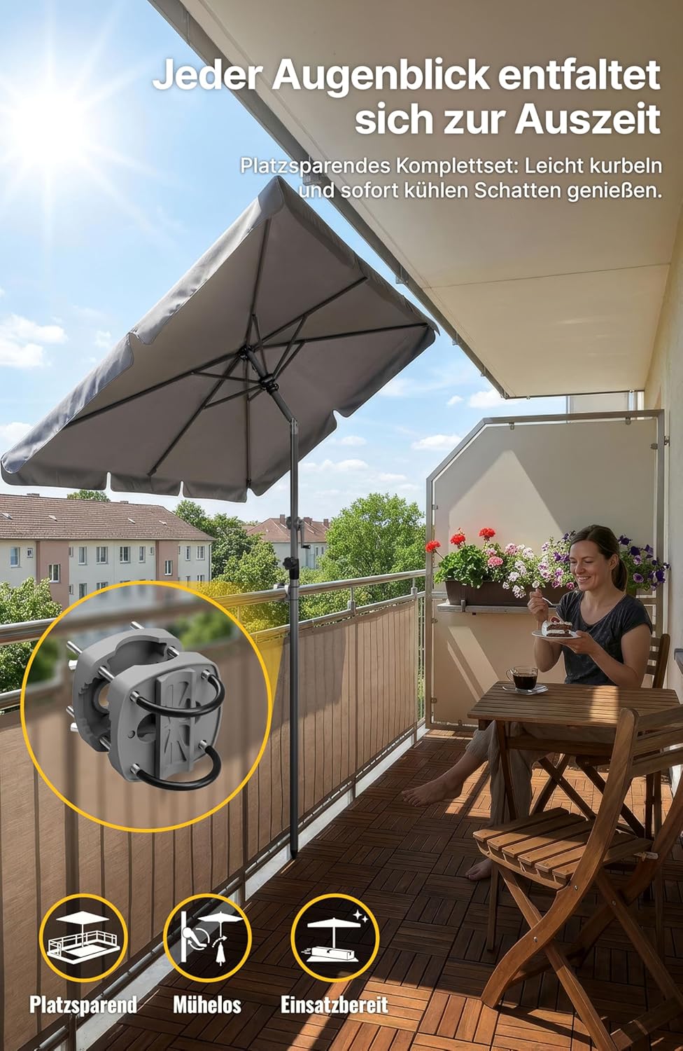 4smile SunnyShade Sonnenschirm Balkon mit Halterung im 3-er-Set, UV 50+, 210x140 cm, Anthrazit, für