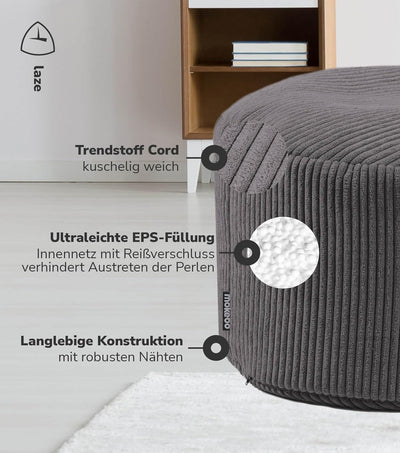 mokebo® Pouf, Hocker o. Sitzhocker aus Cord 40x60 cm 'Der Faule Lenz', Bodenkissen rund Anthrazit, F