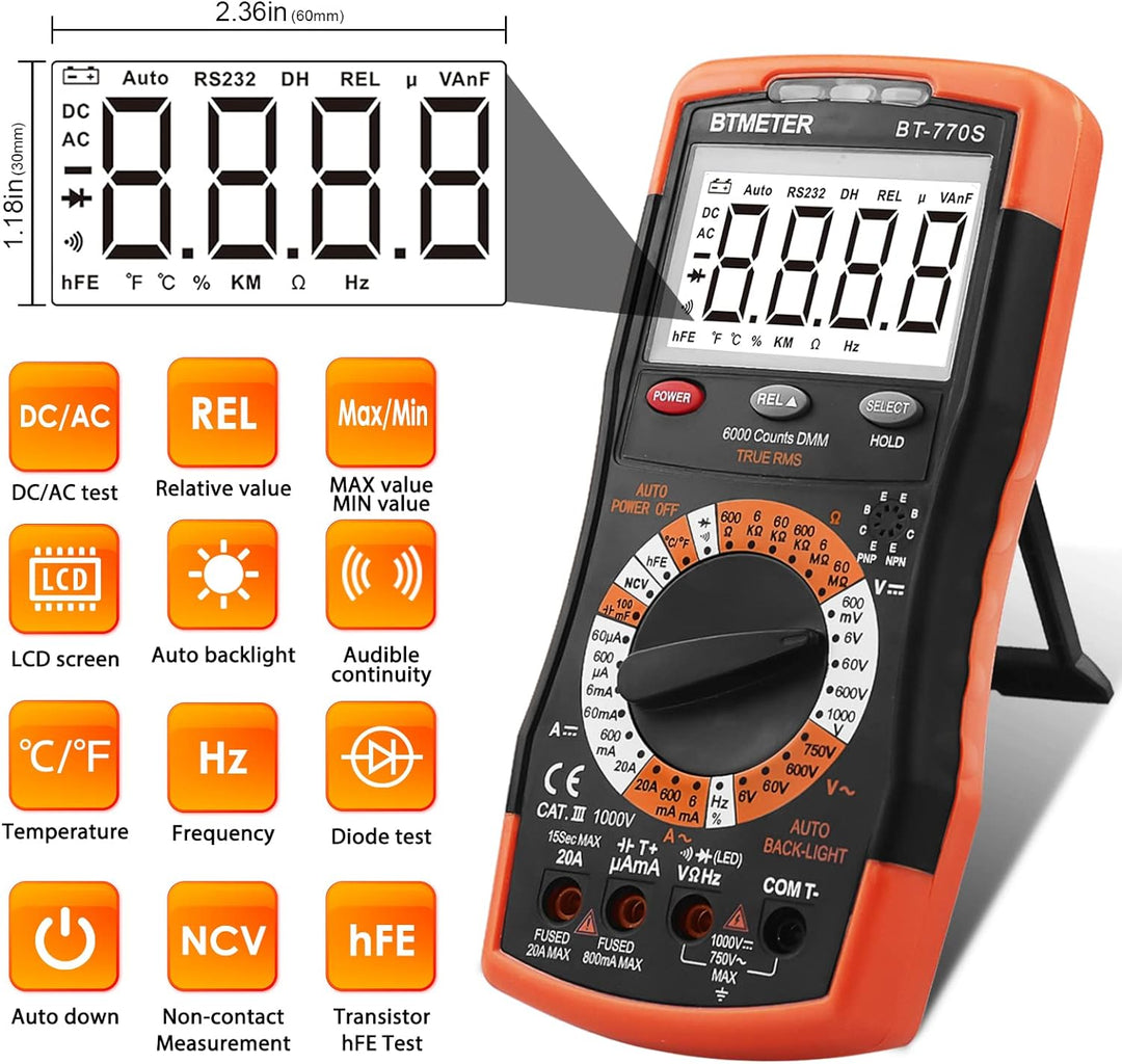 BTMETER BT-770S Multimeter Manuelles Strommessgerät, für AC DC Volt Ampere Ohm Kapazität Frequenz mi