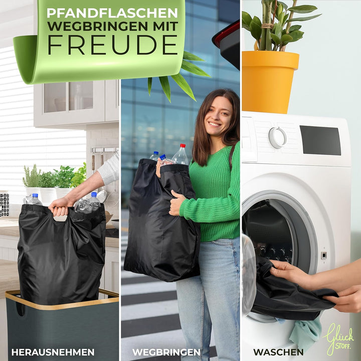 Glückstoff® Pfandflaschen Sammelbehälter [INKL. TRAGETASCHE] - Flaschensammler Leergut - PET Flasche