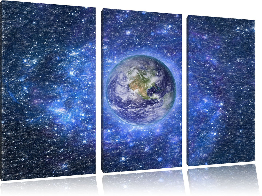 Pixxprint Planet Erde im Weltraum / 3-Teilig/Gesamtmass 120cm Leinwandbild bespannt auf Holzrahmen/W