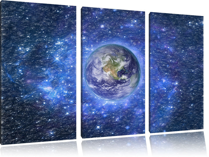 Pixxprint Planet Erde im Weltraum / 3-Teilig/Gesamtmass 120cm Leinwandbild bespannt auf Holzrahmen/W