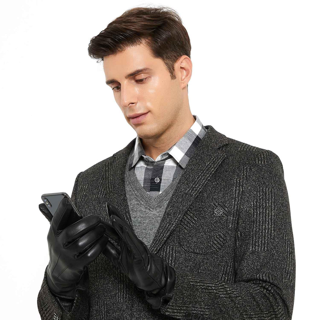 ZLUXURQ Herren Weiches Lammfell Leder Touchscreen Winter Fahrhandschuhe Kaschmir Gefüttert, bequem u