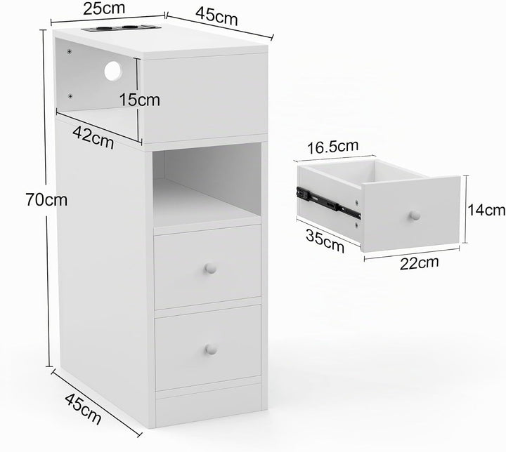 PIPIPOXER Nachttisch schmal, Nachttisch mit Steckdose &amp; USB, Nachtschrank mit 3 Schublade, 1 Offenen