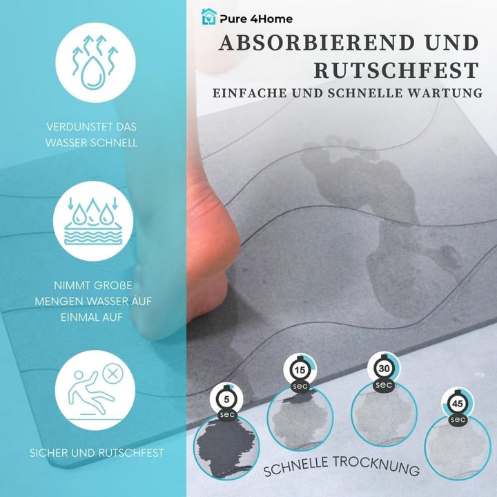 PURE 4HOME Badematte Kieselgur 60 x 40 cm – Saugstark & Schnelltrocknend, Rutschfest – Diatomit Stei