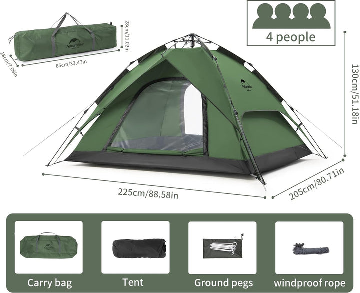Naturehike Pop Up Zelt Wurfzelte Automatik Campingzelt 3-4 Personen Doppeldeck Kuppelzelt Grosses Fa