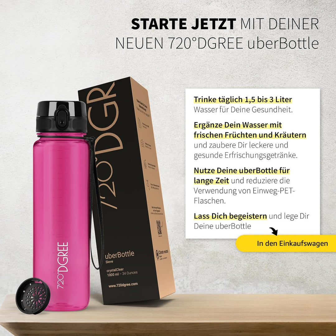 720°DGREE Trinkflasche 650ml “uberBottle“ crystalClear +Sieb - BPA-Frei - Auslaufsichere Wasserflasc