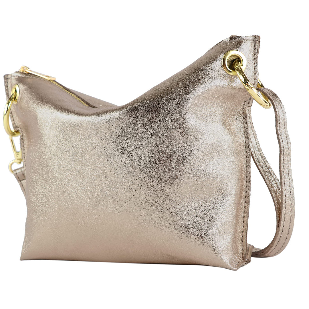 modamoda de - T243 - ital. Umhängetasche Klein Small aus Leder Altgold-metallic, Altgold-metallic