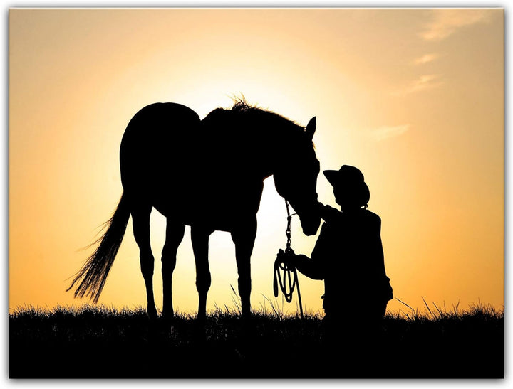 Bilderdepot24 Bild auf Leinwand | Pferd mit Cowboy I in 60x50 cm als Wandbild | Wand-deko Dekoration