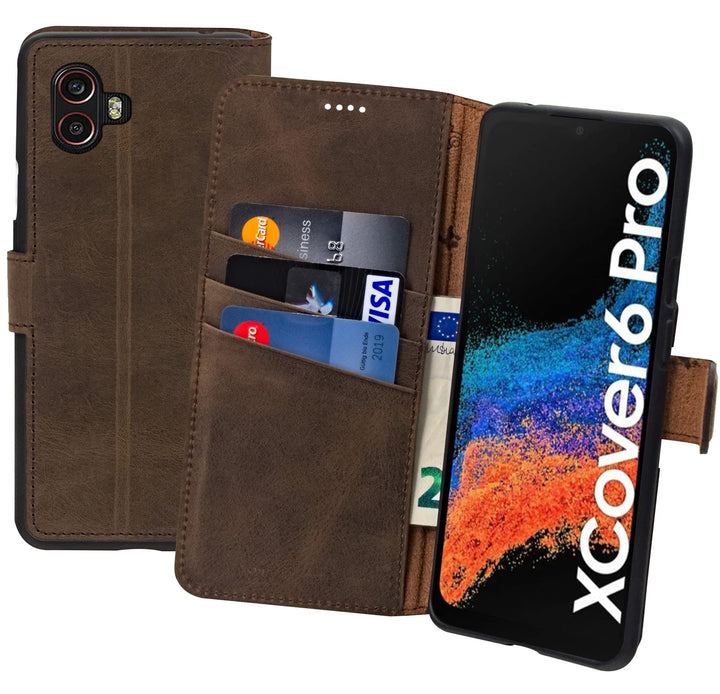 Suncase Book-Style Hülle kompatibel mit Samsung Galaxy XCover 6 Pro 5G Leder Tasche (Slim-Fit) Leder