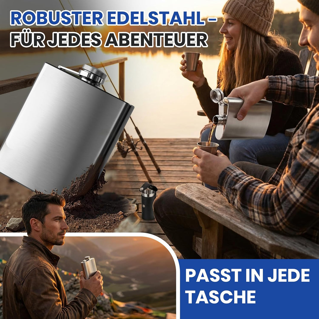 Oramics Flachmann Set 7-tlg. inkl. TRICHTER & BECHER – Edelstahl Taschenflasche gebürstet – Edles Mä