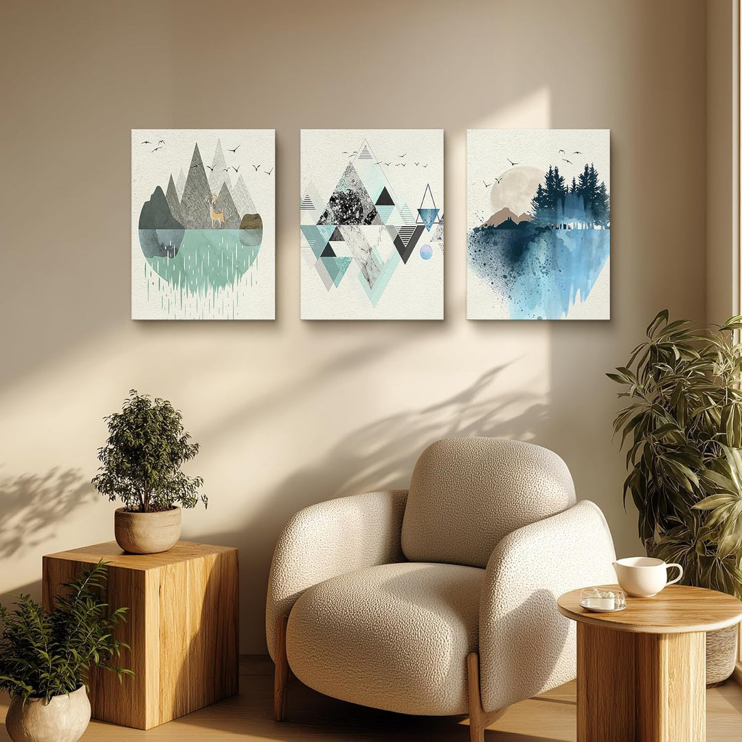 hyidecorart Abstrakte Bilder, Grün und Blau Geometrische Berg Landschaft Leinwand Wandkunst, Modern