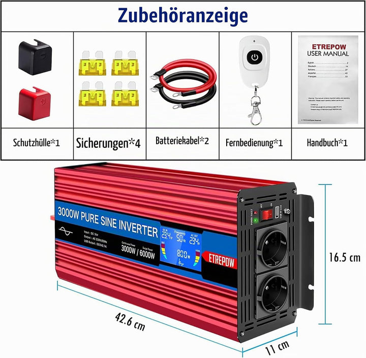 ETREPOW Spannungswandler 3000w 24v Auf 230v Reiner Sinus Wechselrichter mit 2 EU-Steckdose und Einer