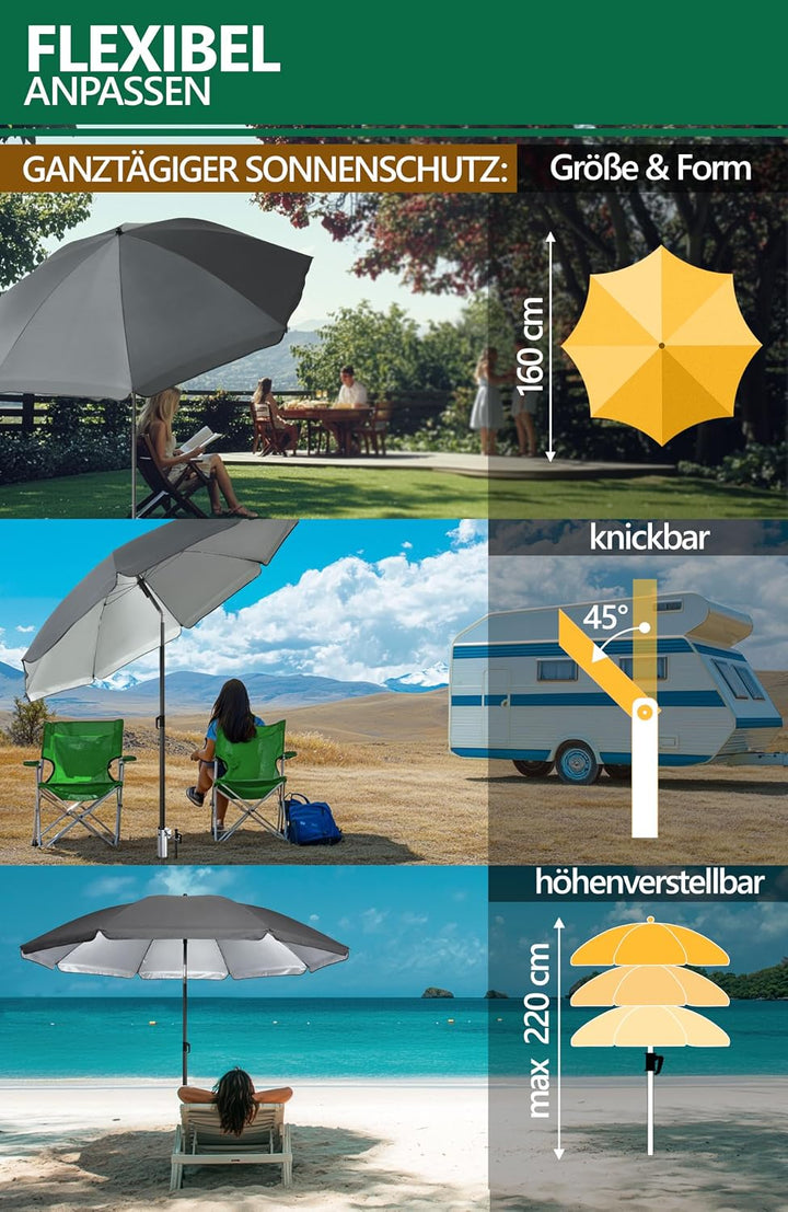 4smile Sonnenschirm Strand 3-in-1 Set, Ø 180 cm, Anthrazit, Strandschirm Windfest Stabil, UV50 Sonne