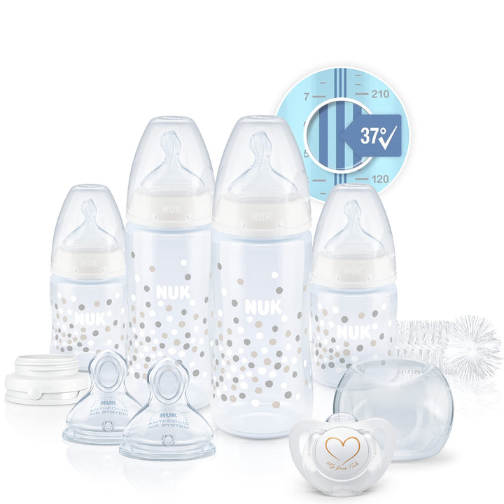 NUK Perfect Start First Choice+ Baby Bottles Set, 0-18 Months, 4 Temperature Control Bottles, Dummy,