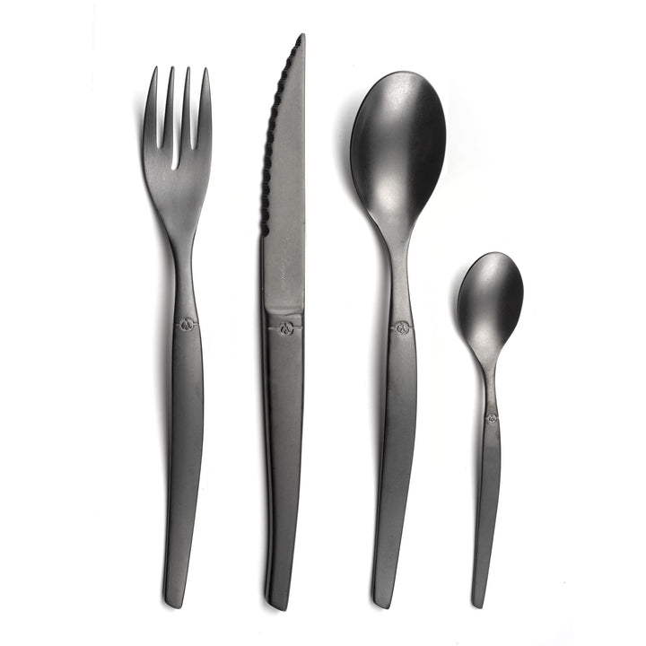 Lou Laguiole JET Steakbesteck Set JET – Besteck Set für 4 Personen | 16-teilig | Schwarz | PVD Beste