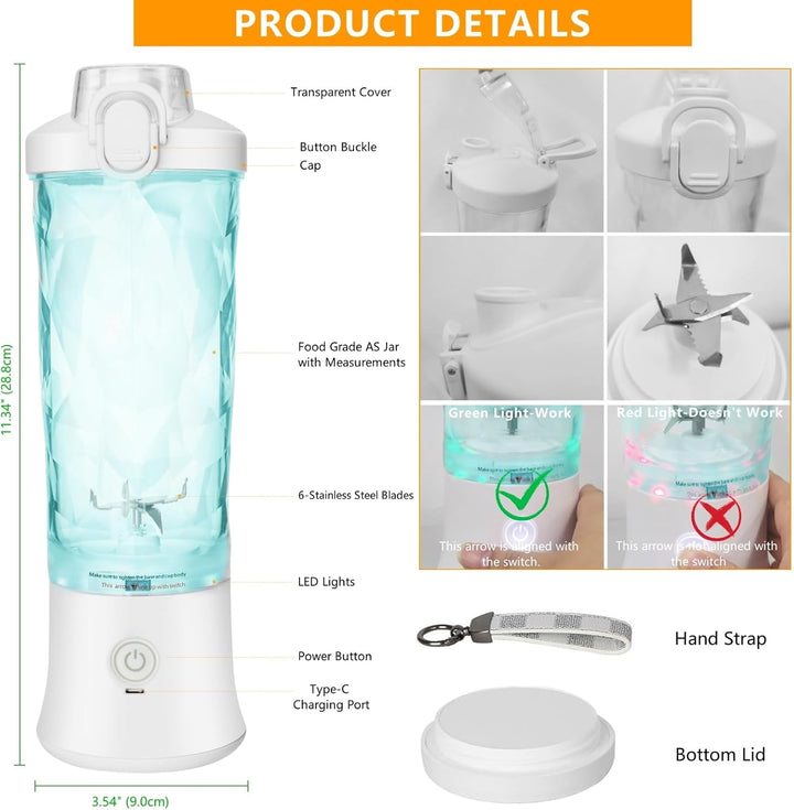 Tragbarer Mixer, USB Wiederaufladbar Kleiner Mixer für Shakes und Smoothies, 6 Klingen Tragbarer Mix