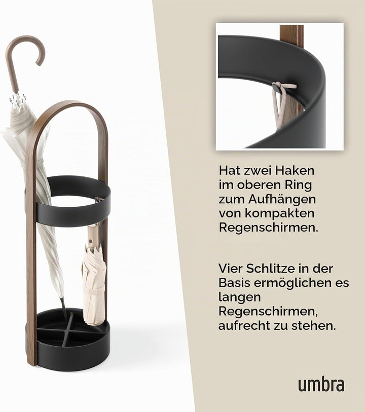 Umbra Bellwood Schirmständer, Runder Regenschirmständer mit Rostfreier Abtropfschale, Schwarz/Walnus