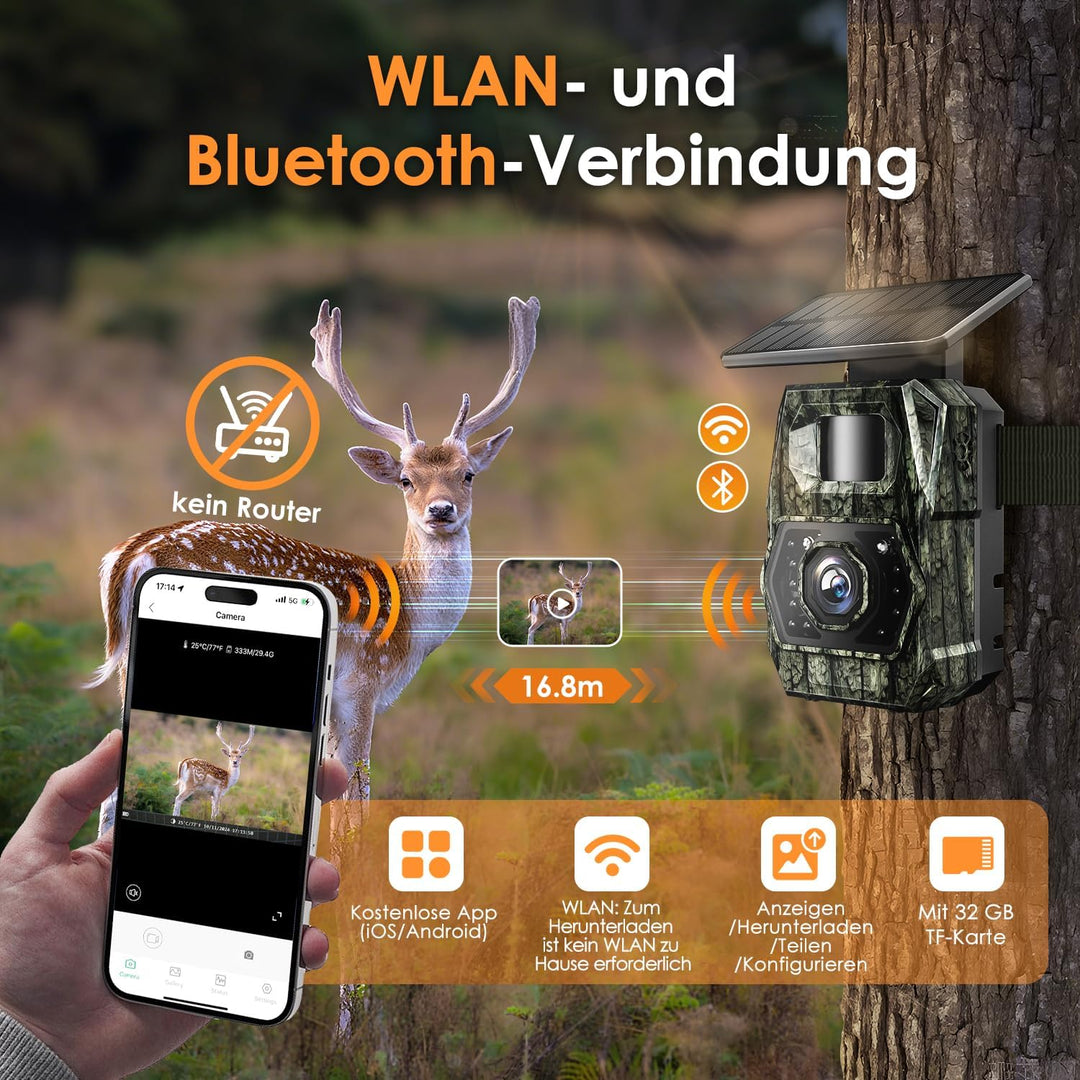 Wildkamera WLAN mit Handyübertragung App, Wildkamera Solar mit Akku 5200mAh Wildtierkamera mit Beweg