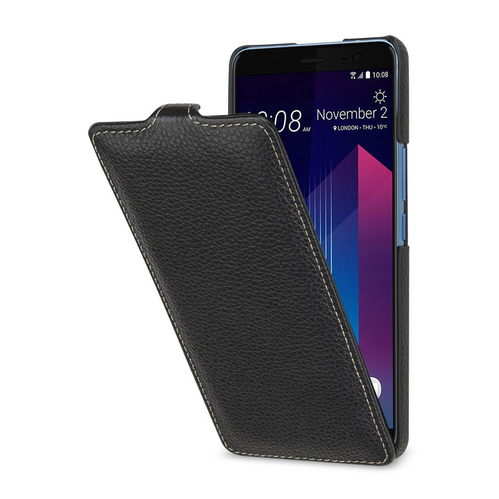STILGUT UltraSlim Case Hülle Leder-Tasche für HTC U11+ (U11 Plus). Dünnes Flip-Case vertikal klappba
