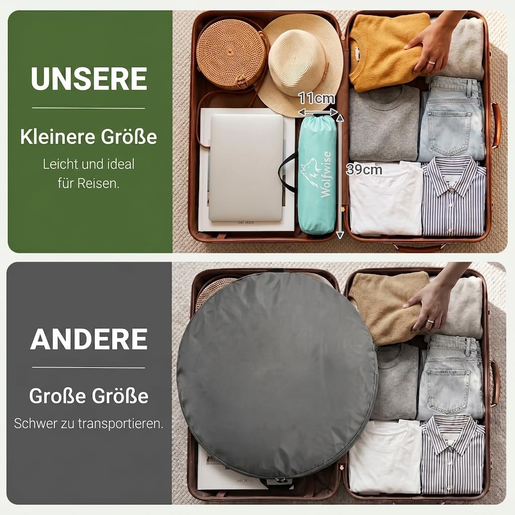 Wolfwise Strandmuschel UV Schutz, 3 Belüftungsfenster & Tragetasche, Strand Zelt mit erweiterbarem B