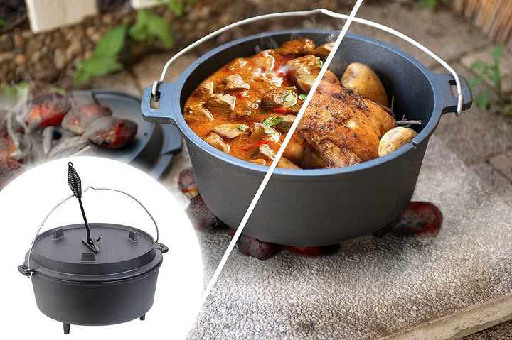 Rosenstein & Söhne Feuertopf: Dutch Oven aus Gusseisen mit Standfüssen, 2in1-Deckel & -Pfanne, 12 l