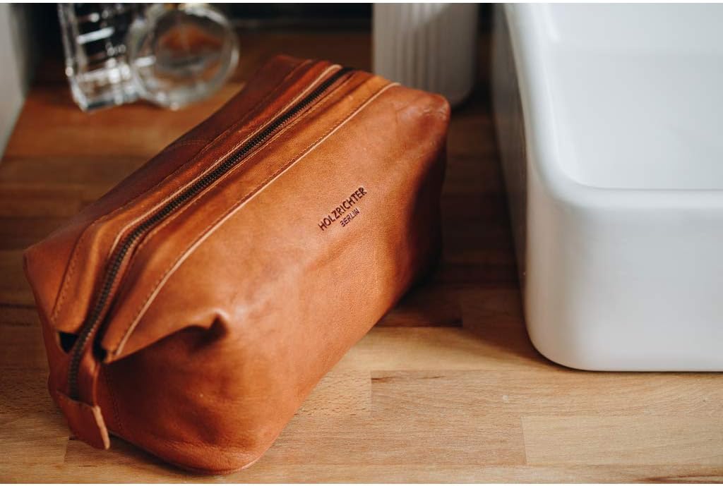 HOLZRICHTER Berlin Kulturbeutel No 5-1 (M) Cognac - Grosse, hochwertige Kulturtasche handgefertigt a