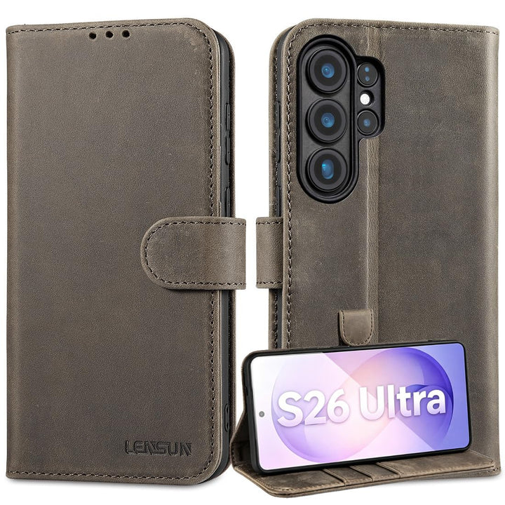 LENSUN Lederhülle für Samsung Galaxy S26 Ultra, Handyhülle [Echtes Leder][RFID Schutz][Kartenfach] E