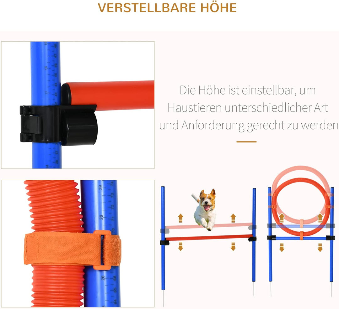 PawHut Agility-Übungs-Set Slalom-Hürden-Sprungring 3 in 1 Hundesport Trainingsplatz PE Blau+Rot