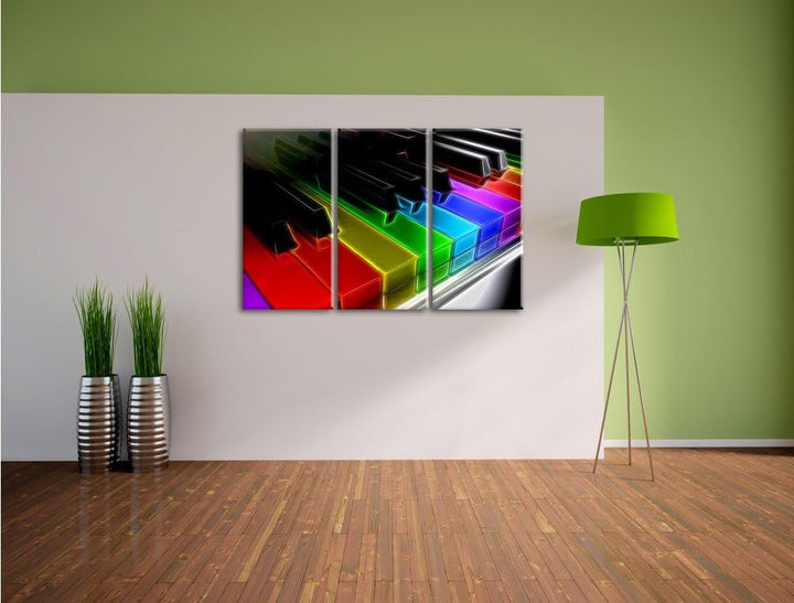 Pixxprint Piano Regenbogen Klaviertasten als Leinwandbild/Grösse: 3 Teilig (120x80 cm) cm/Wandbild/K