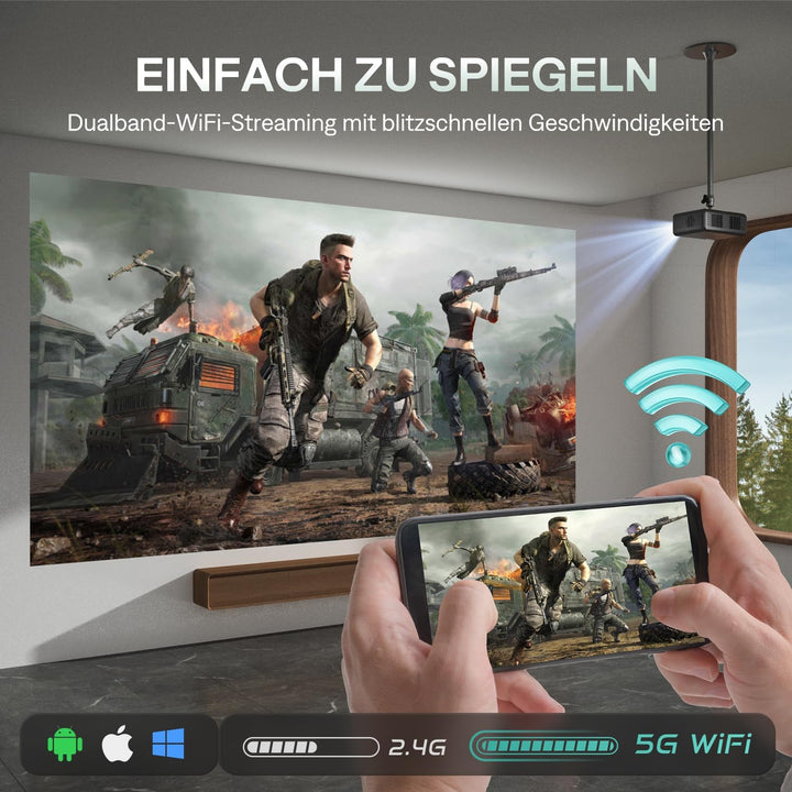 Aurzen Smart Beamer mit DoIby Audio ＆ 4K Unterstützung, Projektor Full HD 1080P, Autofokus ＆ Trapezk