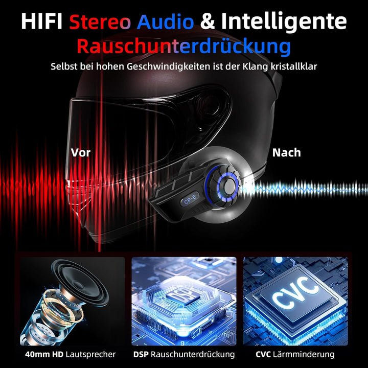 Moman Motorrad Headset Intercom, CP-E Motorradhelm Kommunikationssystem für 6 Fahrer mit 2000M HiFi-