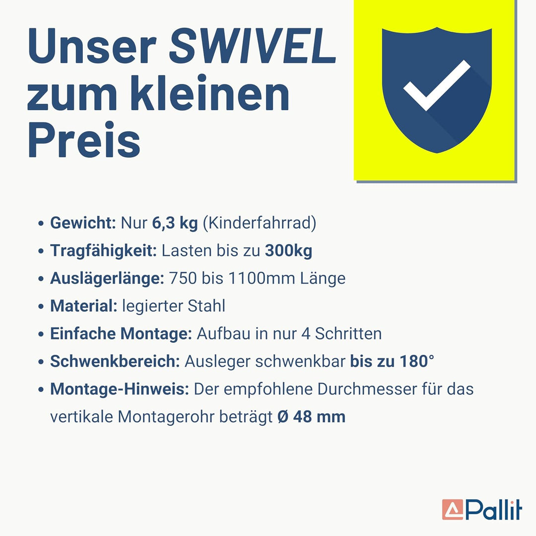 Schwenkarm für Seilwinden 300 kg Tragkraft Kranarm Ausleger Lastarm SWIVEL Halterung für Flaschenzug