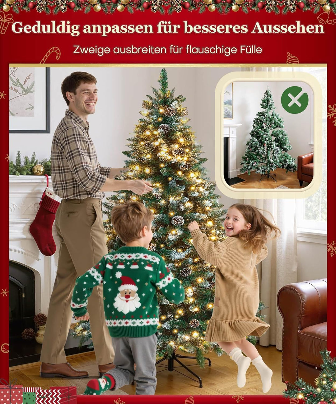 Yorbay künstlicher Weihnachtsbaum mit Beleuchtung und weissem Schnee, LED Tannenbaum für Weihnachten