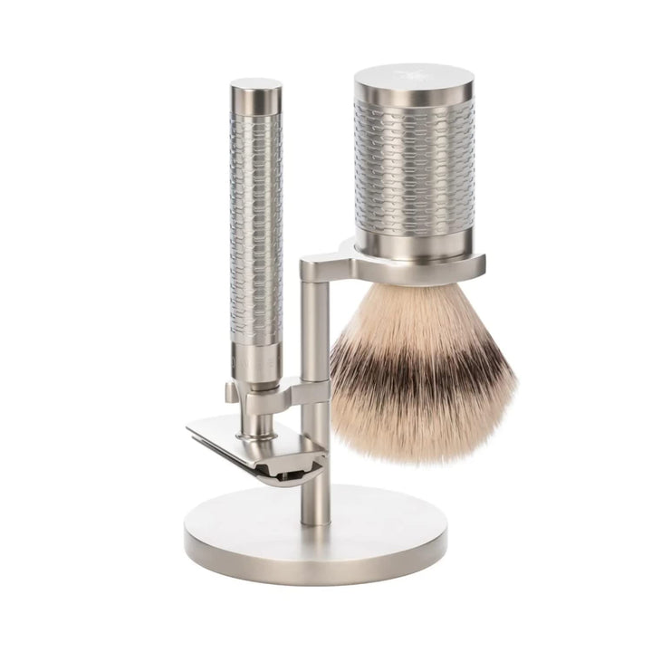MÜHLE ROCCA Rasierset 3-teilig - Rasierhobel, Rasierpinsel mit Silvertip Fibre, Halterung - Griffe a