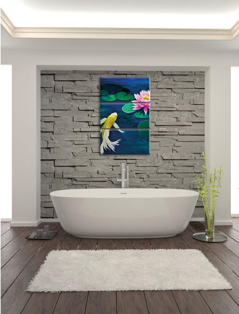 Pixxprint Koi mit Seerose Kunst als Leinwandbild - Grösse: 3-Teilig (120x80cm) - Wandbild - Kunstdru