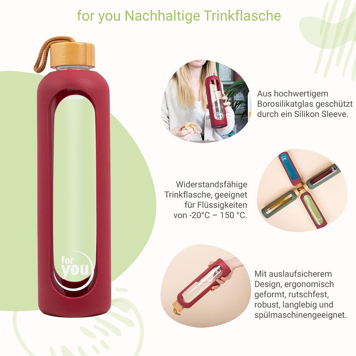 for you Nachhaltige Trinkflasche | 1000ml aus Glas mit Silikonhülle &amp; spülmaschinenfest | 1Liter Aus