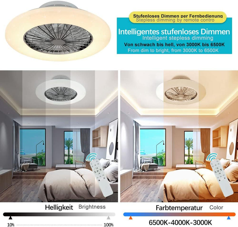 Depuley LED Deckenventilator mit Lampe Timer, Einstellbare Windgeschwindigkeit und Farbtemperatur, D