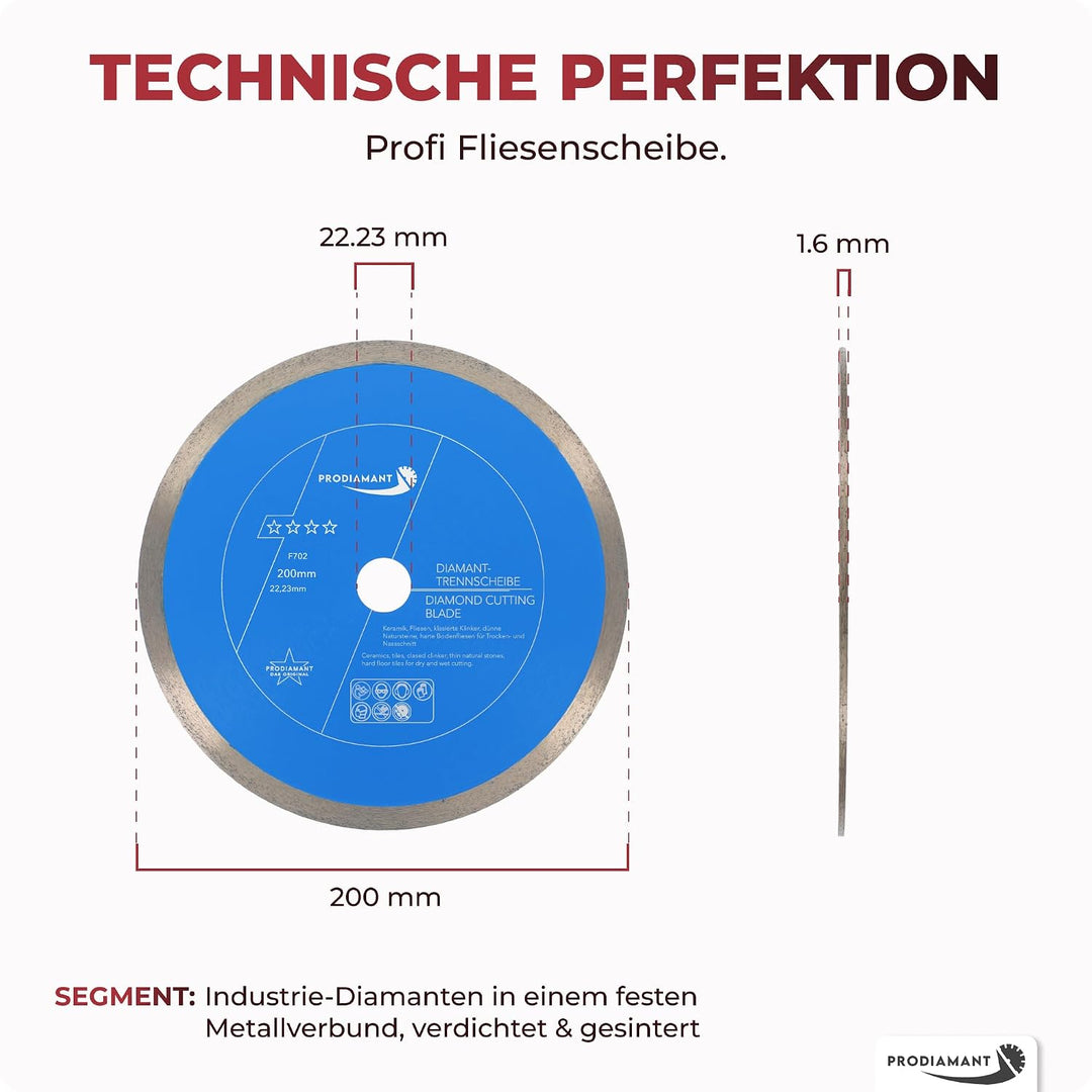 PRODIAMANT Profi Diamant-Trennscheibe PRORIM 200 mm x 22,23 mm kein ausbrechen bei glasierten Fliese